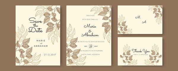 Modern wedding invitation template with green outline leaves. Minimalist wedding invitation card template design, floral brown line art ink drawing bouquet decorated on line frame on pastel color