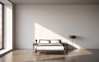 Interior of minimalistic master bedroom with gray and white walls, wooden floor, comfortable king size bed with two bedside tables. 3d rendering, cg render