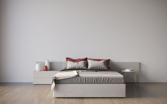 Interior of minimalistic master bedroom with gray and white walls, wooden floor, comfortable king size bed with two bedside tables. 3d rendering, cg render