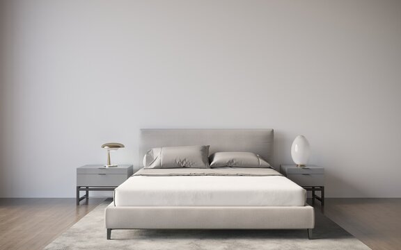 Interior of minimalistic master bedroom with gray and white walls, wooden floor, comfortable king size bed with two bedside tables. 3d rendering, cg render