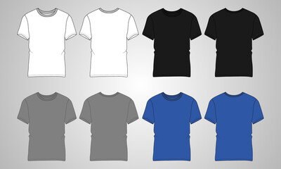 Set White, black, Grey, blue color Cotton jersey Regular fit Short sleeve T-shirt technical Sketch fashion Flat Template With Round neckline. Vector illustration basic apparel design.