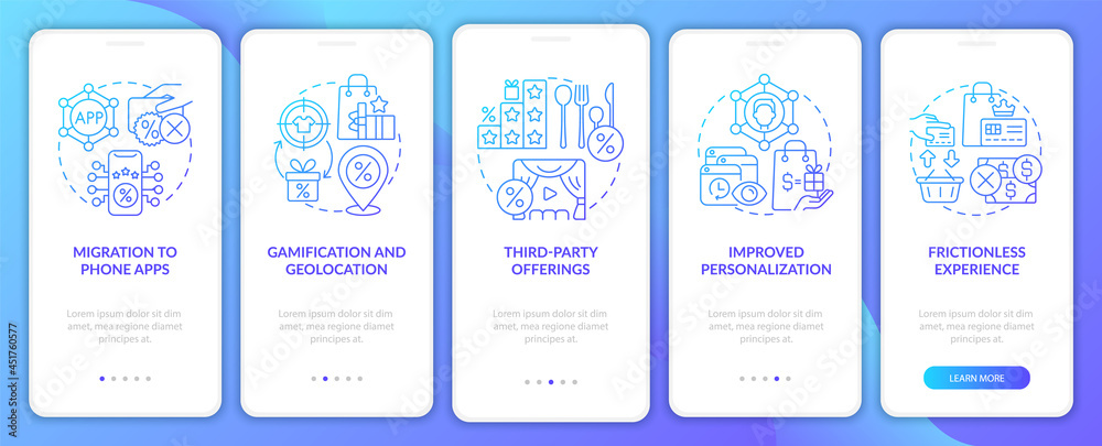 Wall mural loyalty programs trends blue gradient onboarding mobile app page screen. tendencies walkthrough 5 st