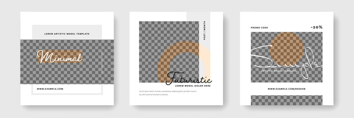 Minimal social media post templates, square business posts for instagram and facebook, place for photos, clean and editable layouts, earth tones, minimalistic banners