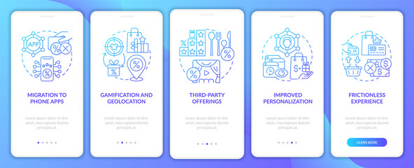Loyalty programs trends blue gradient onboarding mobile app page screen. Tendencies walkthrough 5 steps graphic instructions with concepts. UI, UX, GUI vector template with linear color illustrations