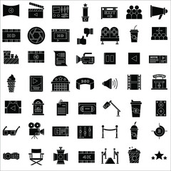 Black and white Cinema field flat icon collection set