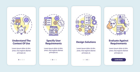 User-centered work process onboarding mobile app page screen. Design solutions walkthrough 4 steps graphic instructions with concepts. UI, UX, GUI vector template with linear color illustrations