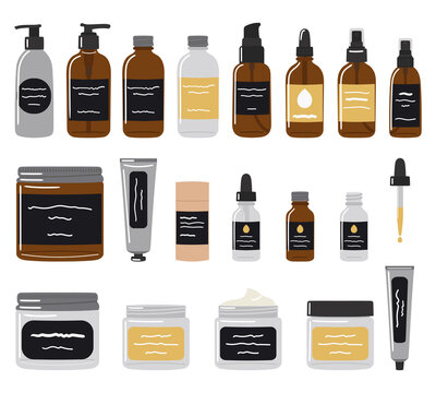 Big set of recyclable bottles, jars and tubes with organic cosmetics and skin care products. Set of cosmetic packaging. Serum, oil, cream, lotion. Hand drawn and line vector illustration.