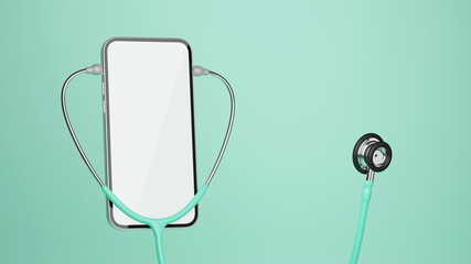Fototapeta na wymiar stethoscope, blank screen smartphone mockup, mint colour background