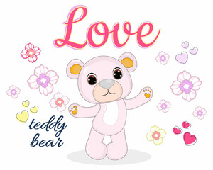 Obraz na płótnie Canvas Cute teddy bear vector illustration with cute background. Perfect for greeting cards, party invitations, posters, stickers, pin, scrapbooking, icons.