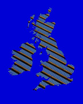 Rows of solar panels inside map of the UK, composite image