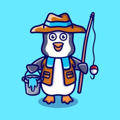 cute penguin fisherman cartoon illustration