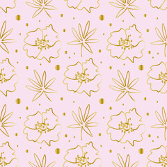 Seamless floral vector pattern with gold line on soft pink hand drawn background.Botanical repeating ornament in doodle style.Design for wrapping paper,packaging,textiles,fabric,web,social media.