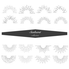 Collection of  hand drawn sunburst in retro style. Half circle. Vector illustration isolated on white background