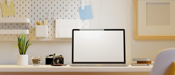 Closeup, Modern girlish home workspace, laptop screen mockup