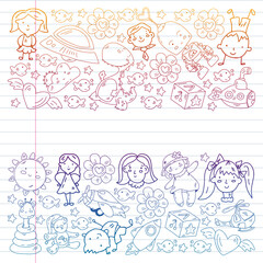 Children play with toys in the kindergarten. Kids playground. Education, creativity, imagination.