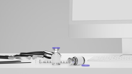 Closeup, Doctor workplace, computer mockup, stethoscope, syringe, vaccines on white table