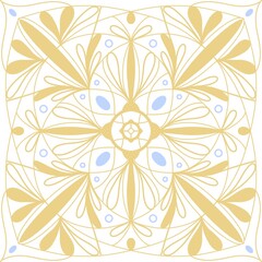Elegant bandana ornament: yellow and blue moroccan motif on a white background. Ceramic tiles vintage template. Square pattern for wallpaper and fabric design in ethnic style. Authentic surface decor