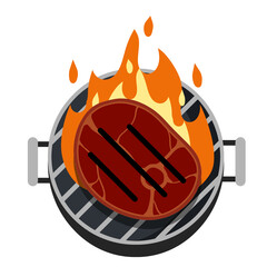 Grilled meat on grill with fire. Steak and barbecue of a strong roast. Piece of food cuts. Flat cartoon illustration isolated on white