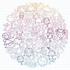 Children play with toys in the kindergarten. Kids playground. Education, creativity, imagination.