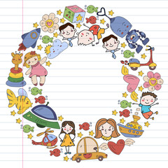 Naklejka premium Children play with toys in the kindergarten. Kids playground. Education, creativity, imagination.