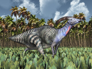 Dinosaurier Parasaurolophus im Regenwald