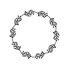 Hand-drawn wreath on white background. Black plant doodle wreath.