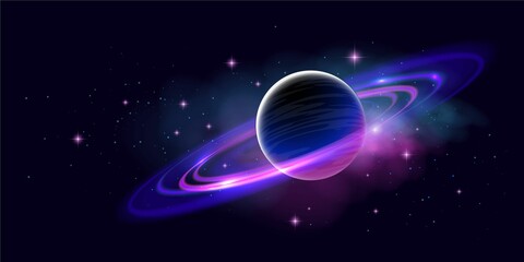 Vector space horizontal illustration of blue and purple planet w - obrazy, fototapety, plakaty
