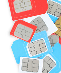 Pile of different SIM cards on white background, top view - obrazy, fototapety, plakaty
