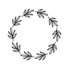 Hand-drawn wreath on white background. Black plant doodle wreath.