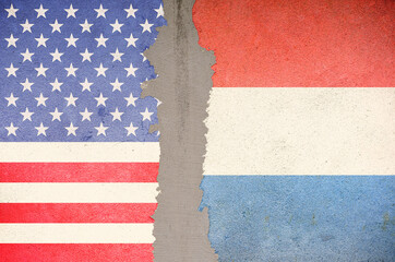 USA VS Netherlands national flags wall background, abstract international political relationship friendship conflicts concept texture wallpaper