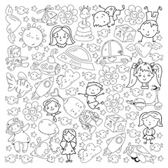 Children play with toys in the kindergarten. Kids playground. Education, creativity, imagination.