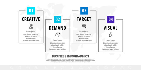 Line vector infographics with 4 rectangles. Square chart process template with icons. Modern timeline for company or corporate business project, presentation, web, diagram, content
