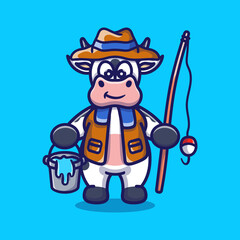cute cow fisherman cartoon illustration
