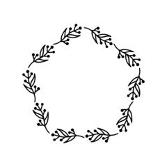Hand-drawn wreath on white background. Black plant doodle wreath.