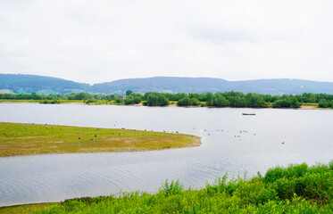 Hohenrode floodplain. Nature reserve in the Lower Saxon town of Rinteln. Green landscape with bodies of water.