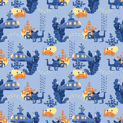 Marine children's pattern on a blue background. Seamless print for boys. Underwater life, crabs, octopuses, submarines. Pattern for textiles, wallpaper, scrapbooking or any purpose.