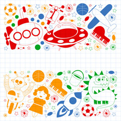 Children play with toys in the kindergarten. Kids playground. Education, creativity, imagination.