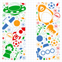 Children play with toys in the kindergarten. Kids playground. Education, creativity, imagination.