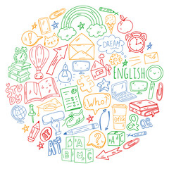 Concept of learning English. Online language courses. E-learning. Pattern with vector icons.