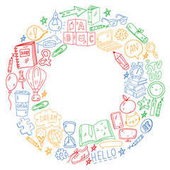 Concept of learning English. Online language courses. E-learning. Pattern with vector icons.