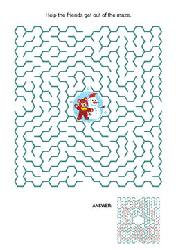 Maze game: Help the teddy bear and snowman get out of the maze. Answer included.
