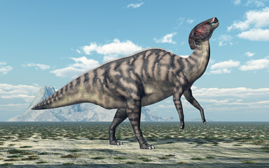 Naklejka na ściany i meble Dinosaurier Parasaurolophus in einer Landschaft