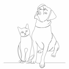 continuous line drawing of cat and dog