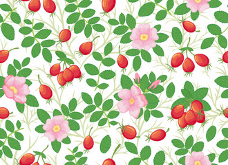 Seamless vector pattern of flowers and rosehip berries on a light background. For fabric, paper or Wallpaper.