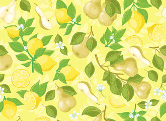 Seamless vector pattern of pears and lemons on a light green background. For fabric, paper or Wallpaper.