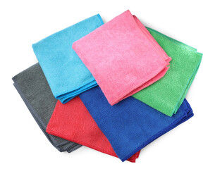 Colorful microfiber cloths on white background, top view