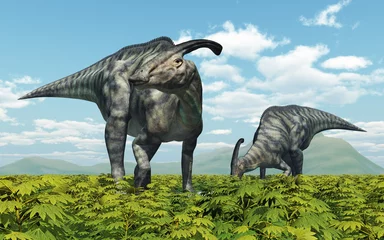 Rucksack Dinosaurier Parasaurolophus in einer Landschaft © Michael Rosskothen