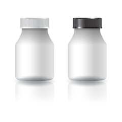 Blank white round supplements, medicine bottle with white-black grooved lid for beauty or healthy product.