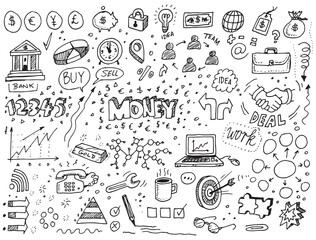 Money hand drawn doodles vector set