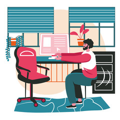Different people exercise in the workplace scene concept. Man exercising on break, stretching arms sitting on chair. Office work people activities. Vector illustration of characters in flat design